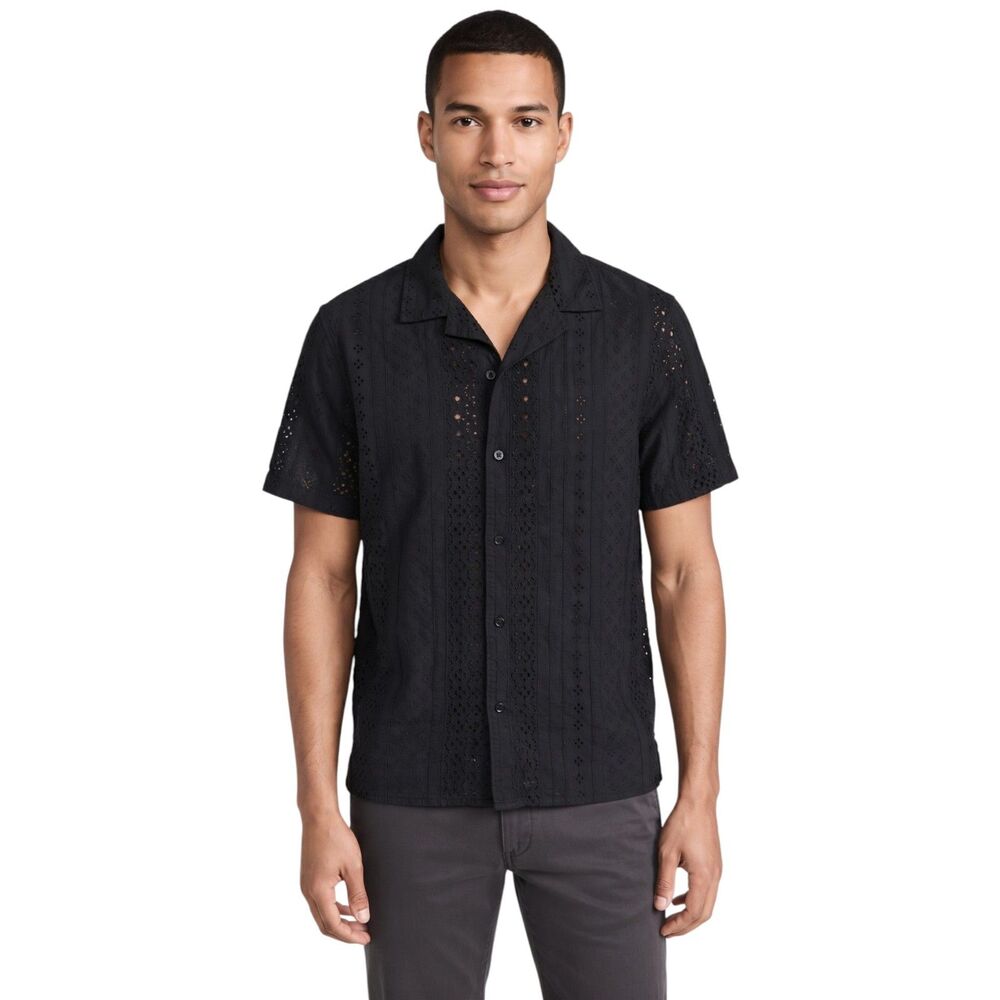 Lucky Brand Black Eyelet Embroidered Men's Camp Shirt - Size XL